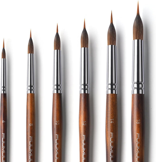 Fuumuui Professional Watercolour Brushes 6pcs, Artist Liner Brush Set - Design Registered, Synthetic Hair Extra Long Extended Point Brushes Kolinsky