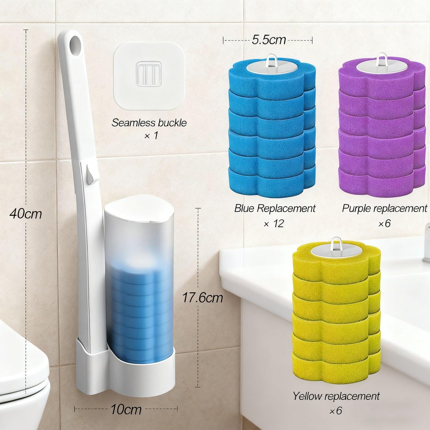 Disposable Toilet Brush & Holders Set with 24pcs Cleaner Refills Scented Pads Wall Mounted white Plastic Long Handled Bathroom Toilet Brush with