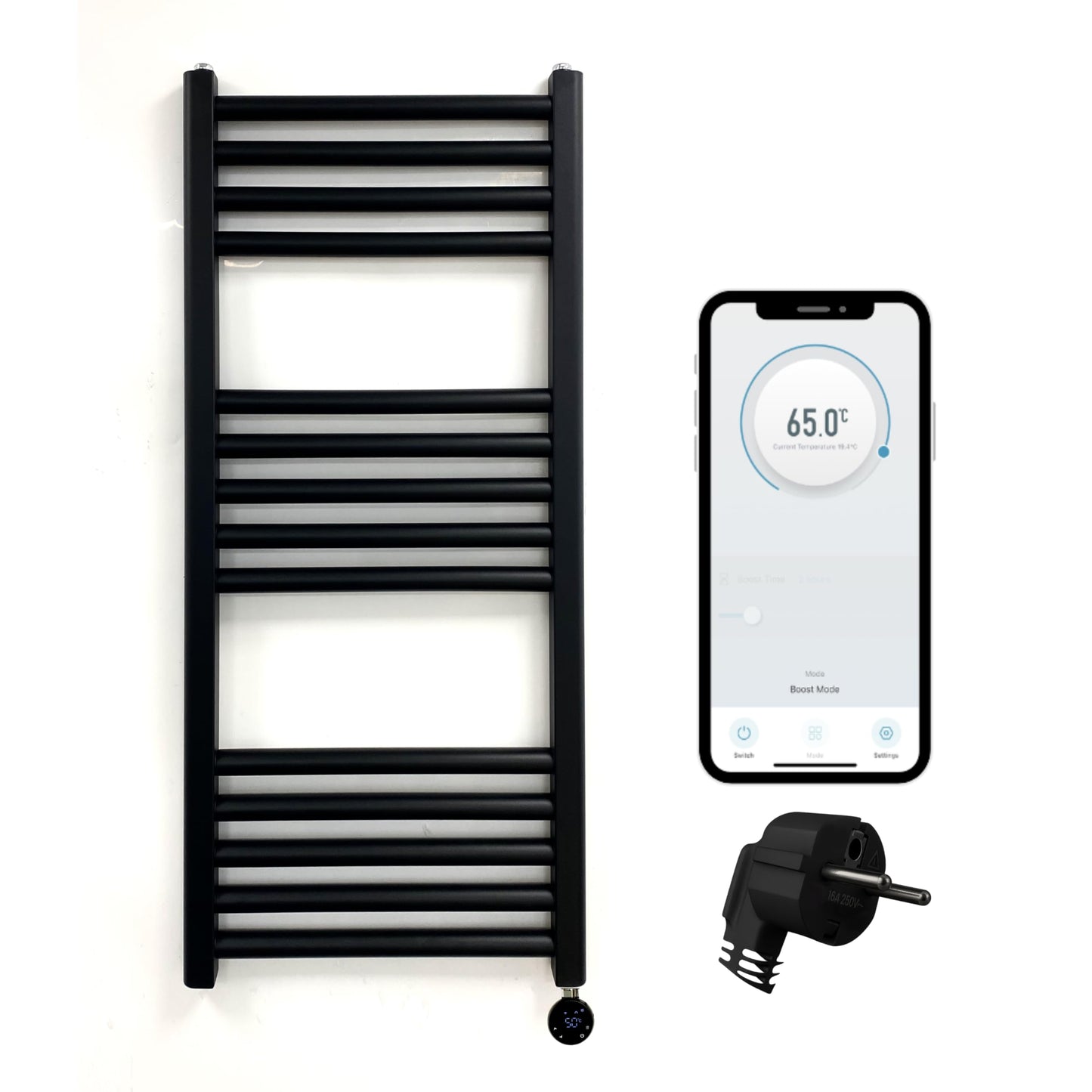 Greened House Electric WiFi Heated Towel Rail Black 500mm W x 800mm H) Smart Flat 7 Day Programmable Timer App Compatibility (EU)