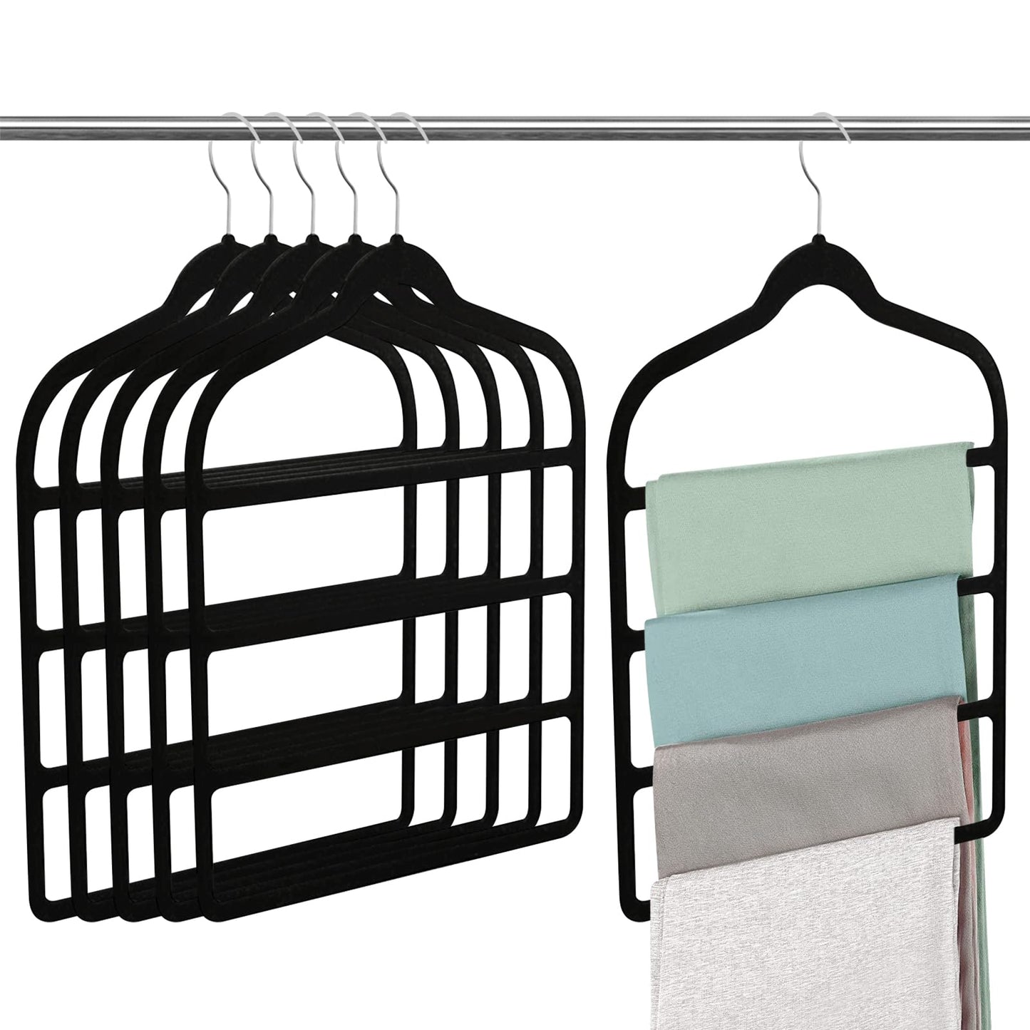 6 Pack Velvet Trouser Hangers, Space Saving Hangers for Clothes, Non-Slip Pants Hanger Jeans Hangers Multi Bar Clothes Hanger Closet Organizers