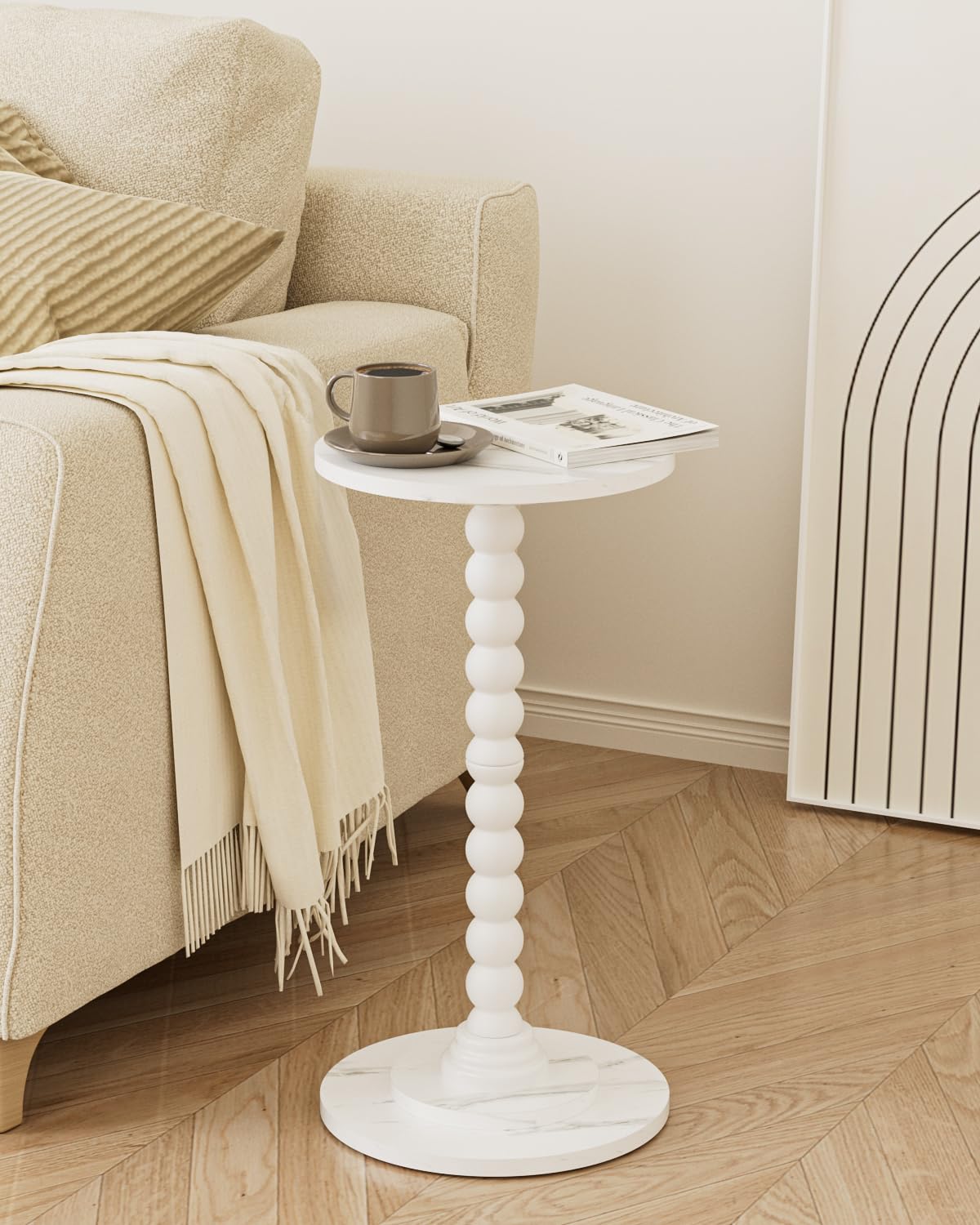 Apetaccat Round Side Table, Drink End Table with Solid Wood Leg, Small Side Tables for Living Room, Bedroom, Study, White