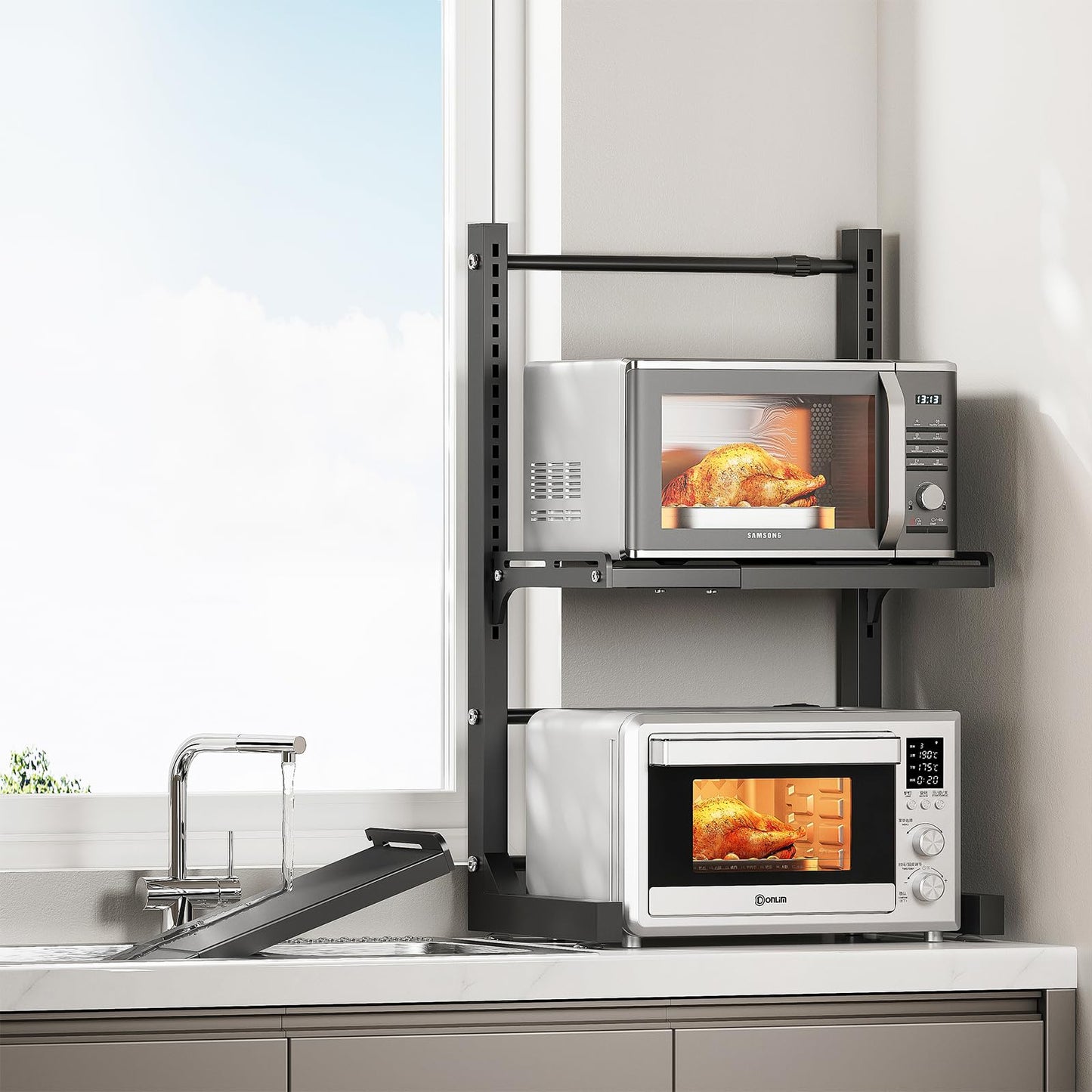 ABCOOL Retractable Adjustable 2 Axial Kitchen Baker Microwave Oven Rack, 2 Tier Expandable and Height Adjustable Carbon Steel Shelf Counter