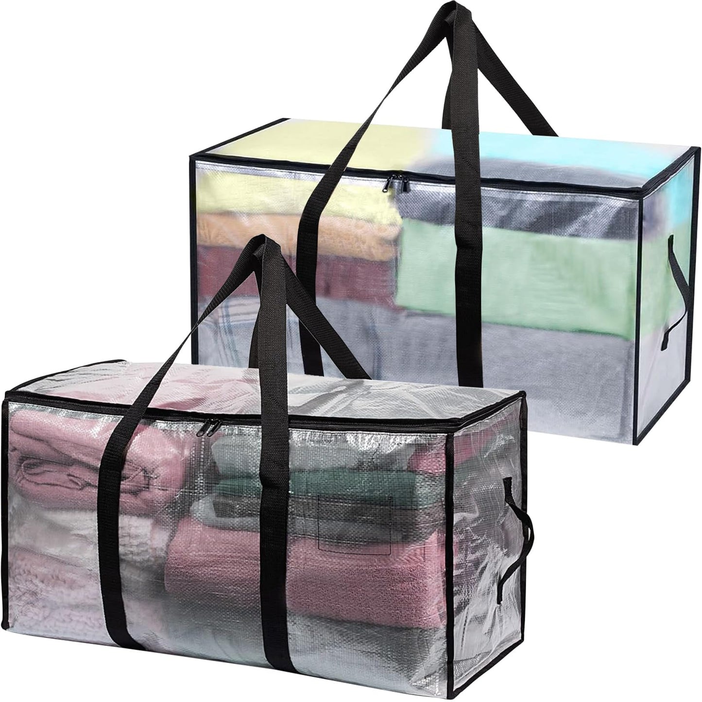 FANFX 2 Packs Heavy-Duty Storage Bags, Moving Oversized Organizer Tote, Clear Waterproof Sustainable Storage Bags with Zips for Moving