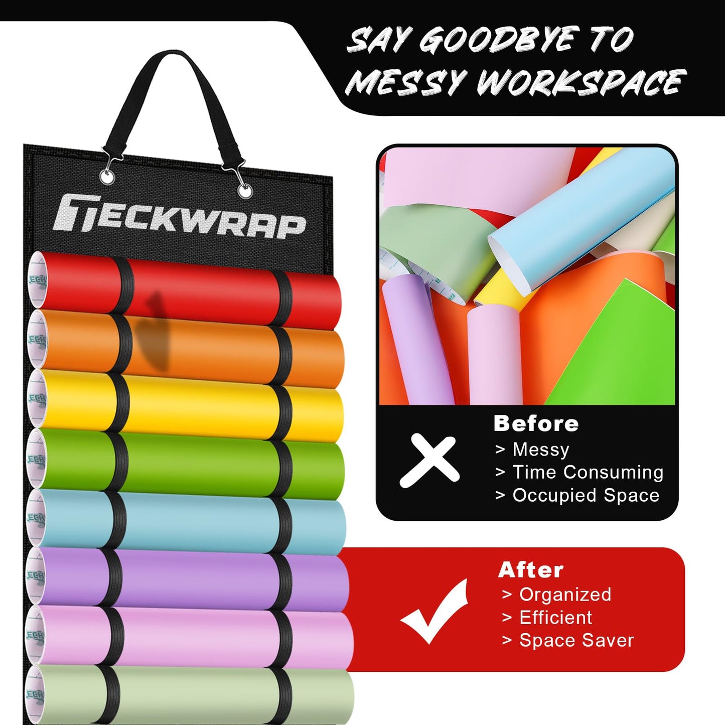 TECKWRAP vinyl Roll Holder, vinyl Roll Storage Organizer Black Double-sided Wall-mount with 44 Compartments Organizer Rack Bag Hanging Over Home Door