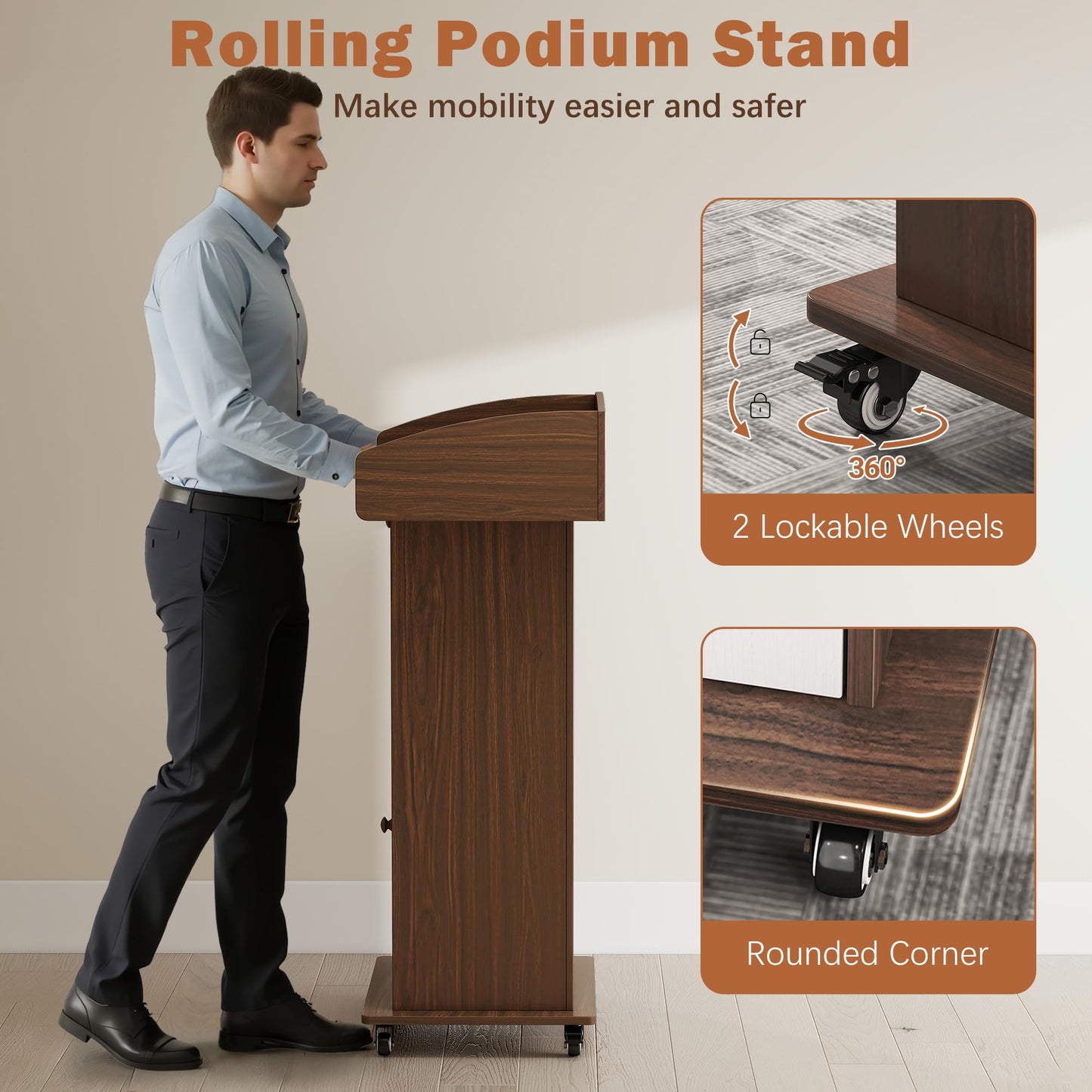 Suuiwau Podium Stand with Drawer, Storage Cabinet and Wheels