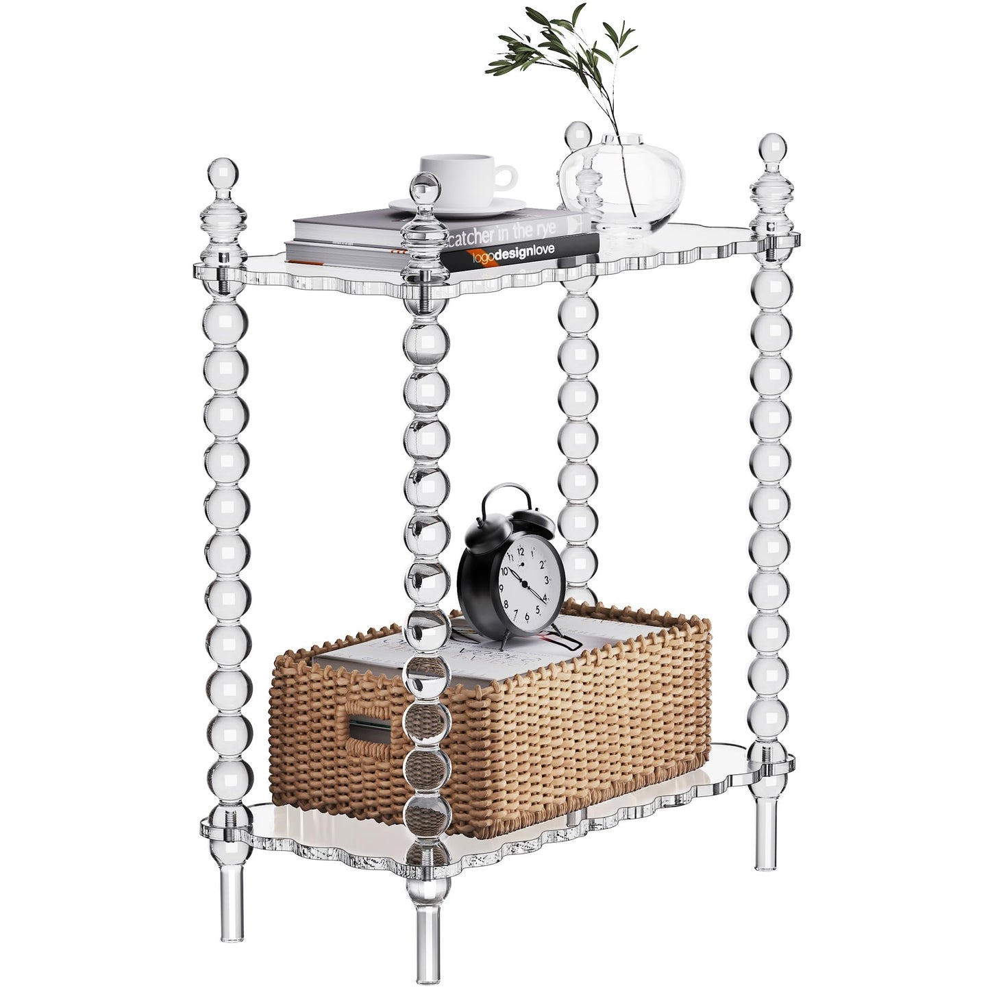 Dewrhiixe Acrylic Side Table 2-Tier, Clear Nightstand with Storage, Narrow Bedside End Table for Small Spaces (Clear, 20.7"×10.4“×25.9”)