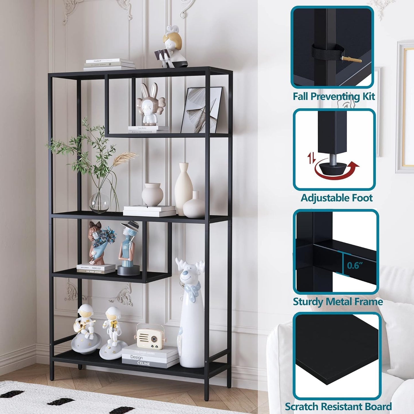 Yusong Black Bookshelf, Industrial Bookcase Open Storage Shelves with Metal Frame, Freestanding Display Rack Tall Shelving Unit for Living Room