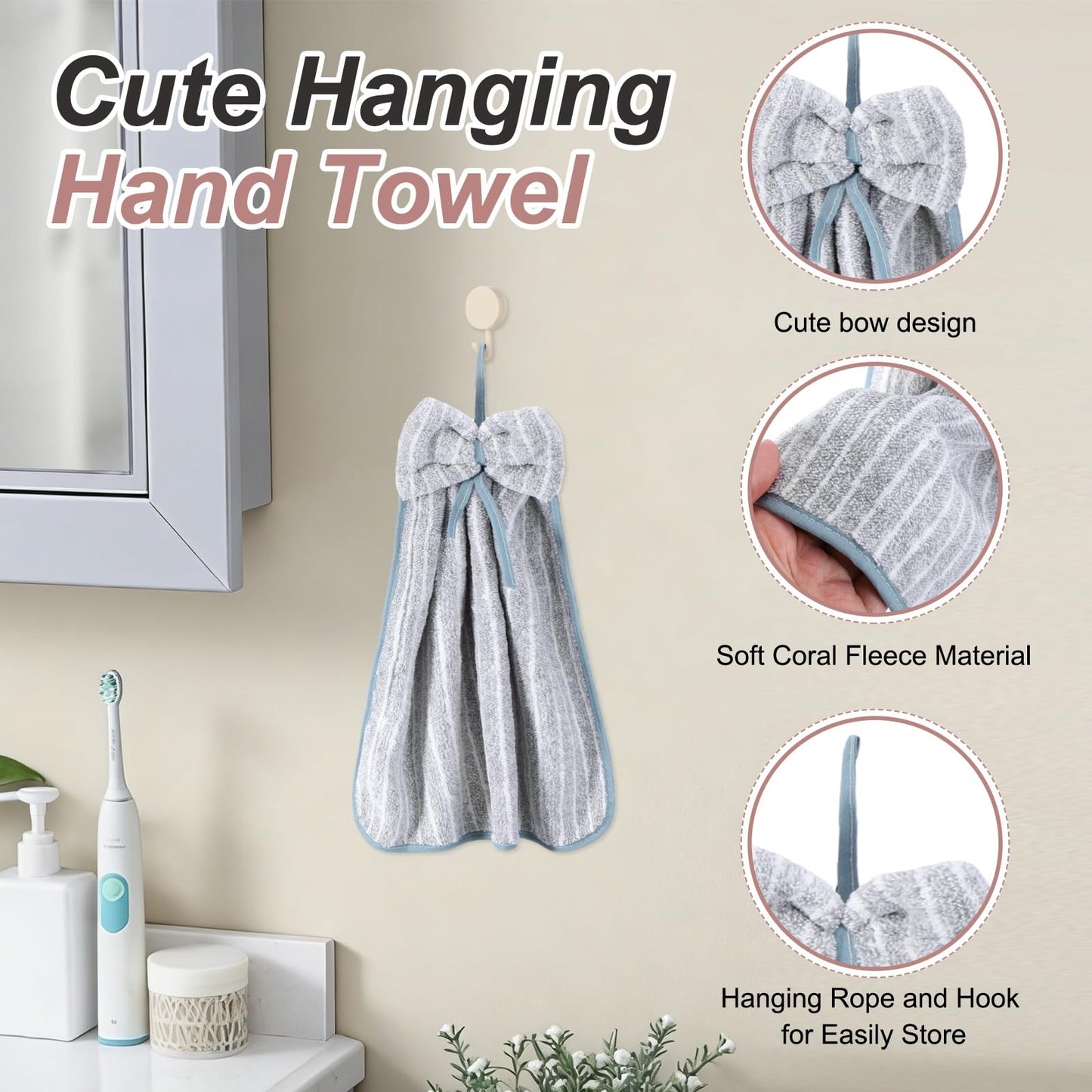sourcing map 2Pcs Bow Hand Towels with Hanging Loop, 14.2" x 11.8" Soft Coral Fleece Microfiber Bowknot Hanging Hand Dry Towels Quick Dry and