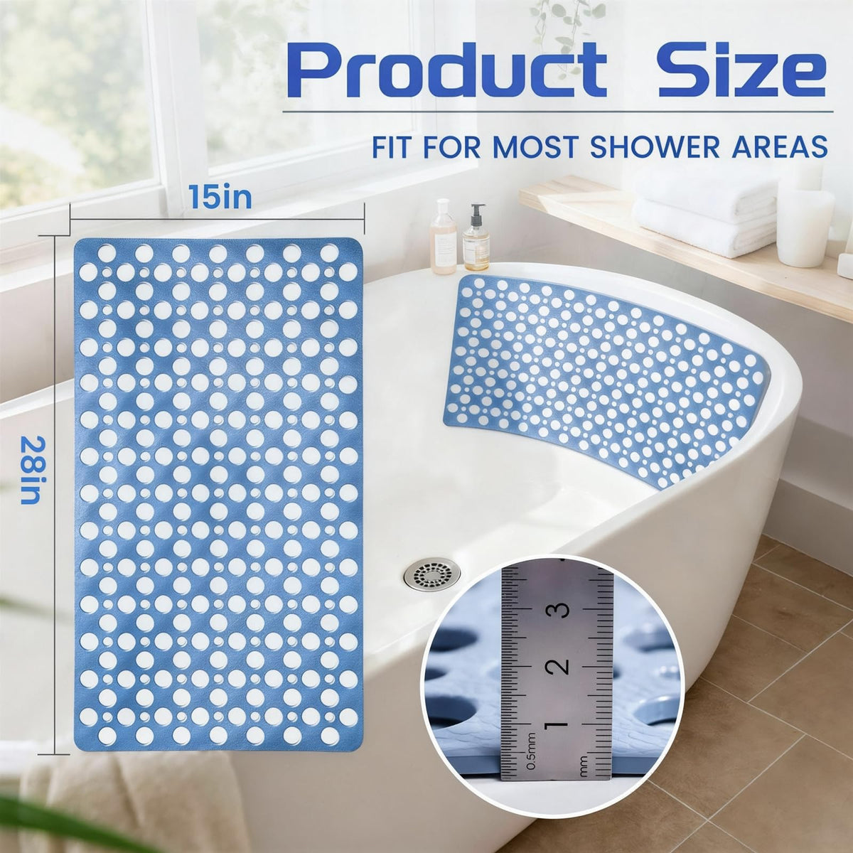 Bathtub Mats Non Slip Anti Mol, Shower Mat with Suction Cup, Machine Washable Bathroom Shower Mat with Suction Cups and Drain Holes