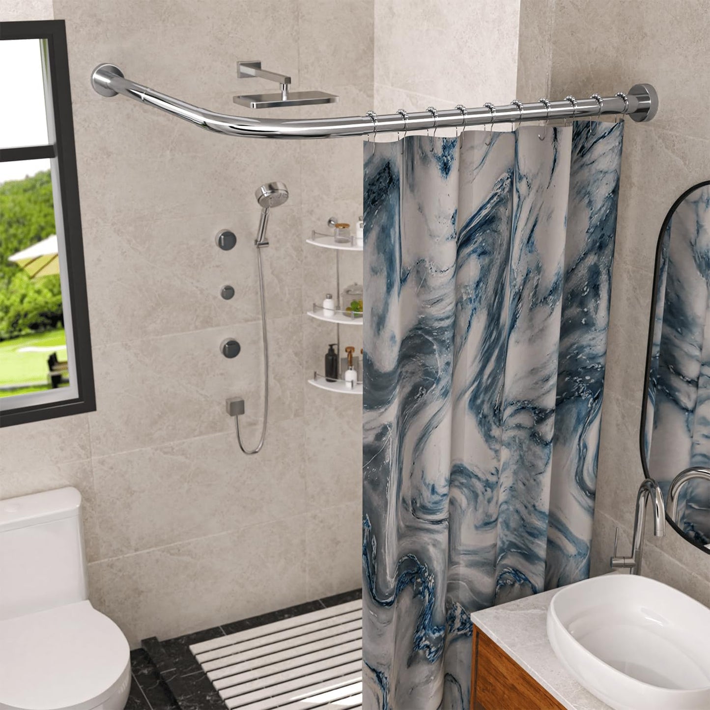 SIKAIQI Stretchable 304 Stainless L Shaped Bathroom Bathtub Corner Shower Curtain rail Rack (60-92 cm x 60-92 cm), Drill Free Install, for Bathroom