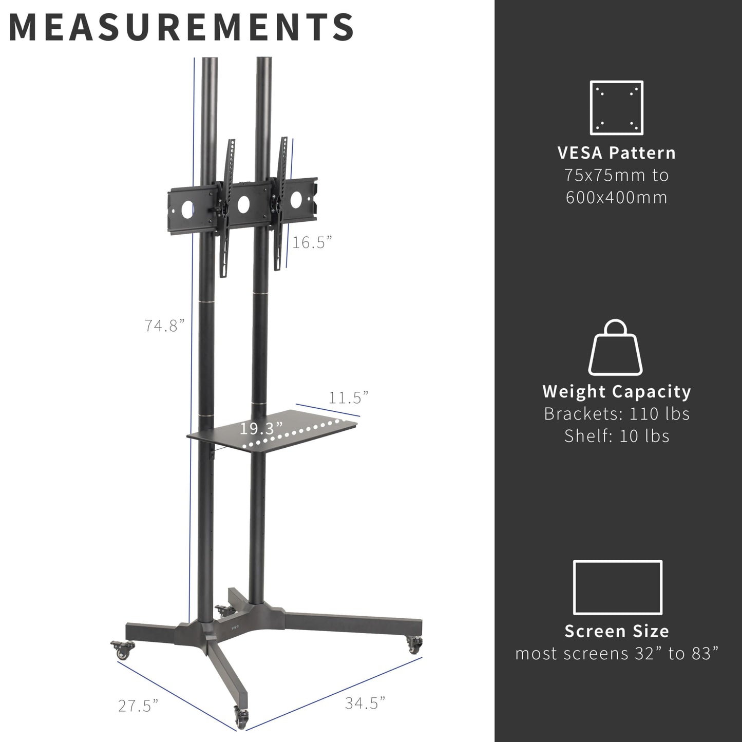 VIVO Tall TV Cart for 32 to 83 inch Screens up to 50kg, LCD LED OLED 4K Smart Flat and Curved Panels, Rolling Stand with Laptop DVD Shelf