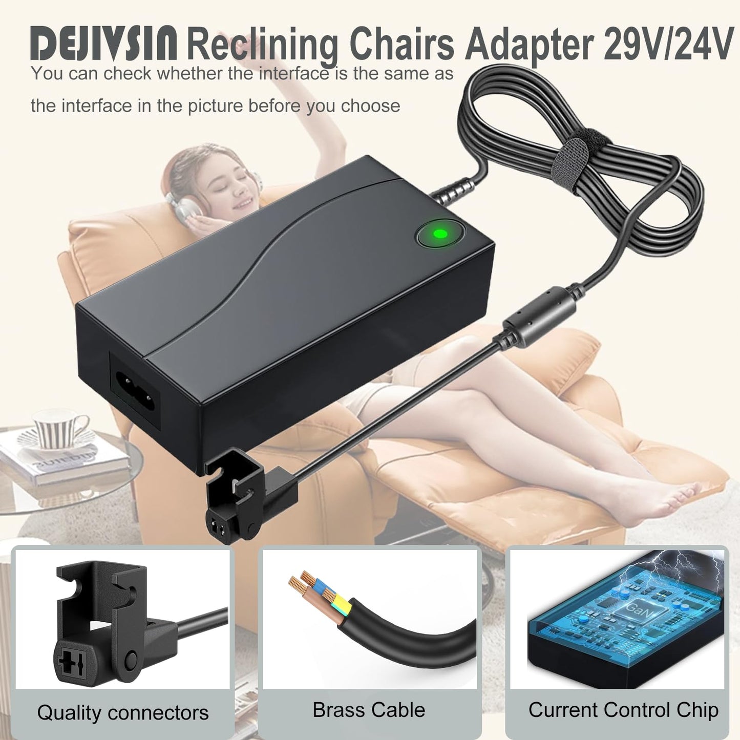 DeJivsin Power Recliner Transformer, Reclining Chairs Adapter 29V 2A AC/DC Power Supply for Lift Chair