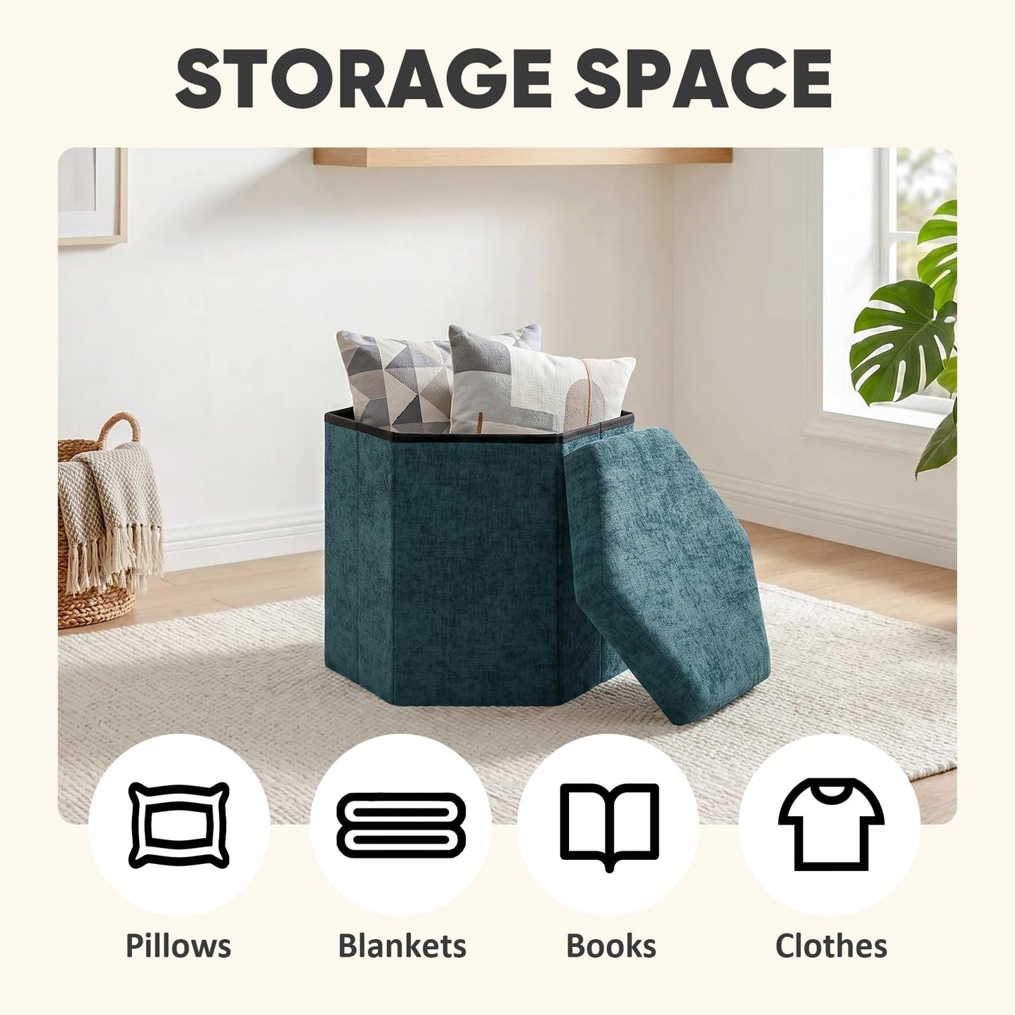 PINPLUS Chenille Ottoman Storage Box, Hexagonal Folding Stool, Blue