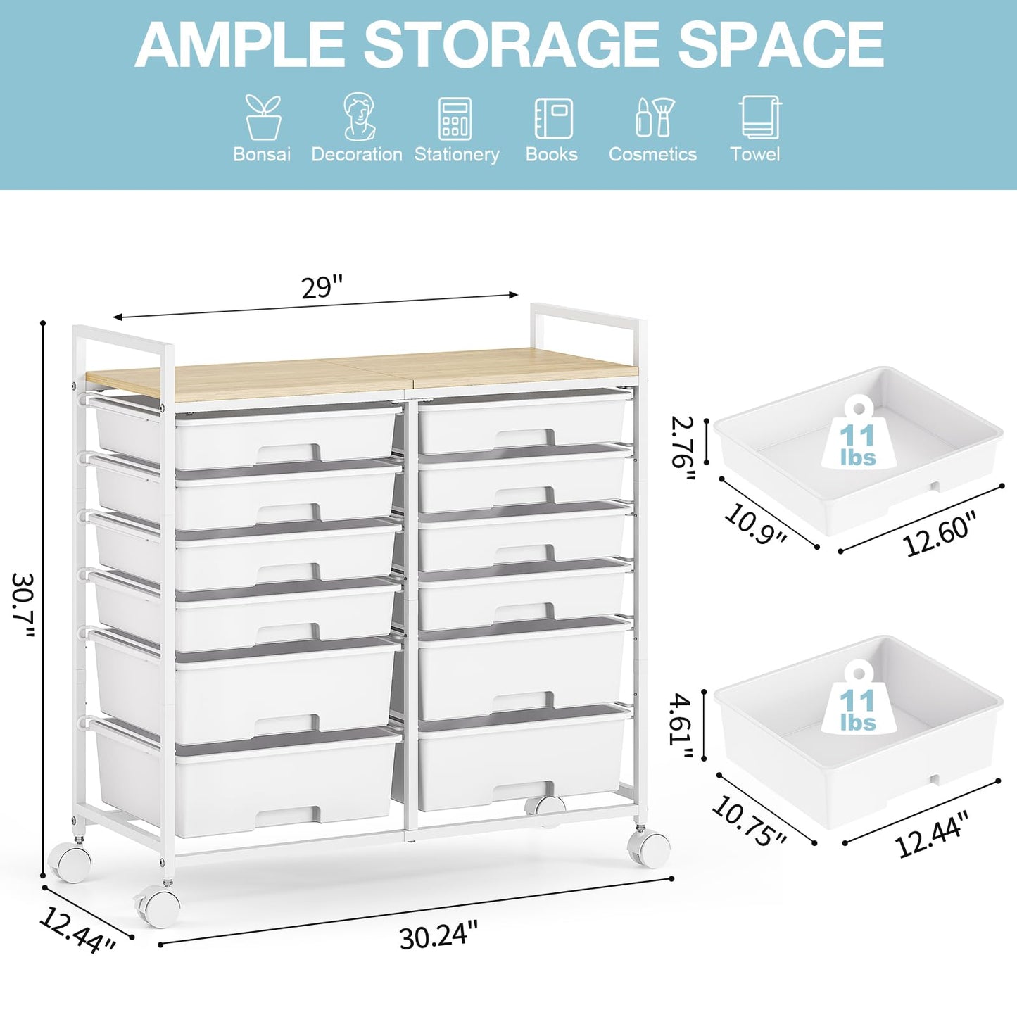 12-Drawer Craft Organizer Trolley Cart with Wooden Top, White