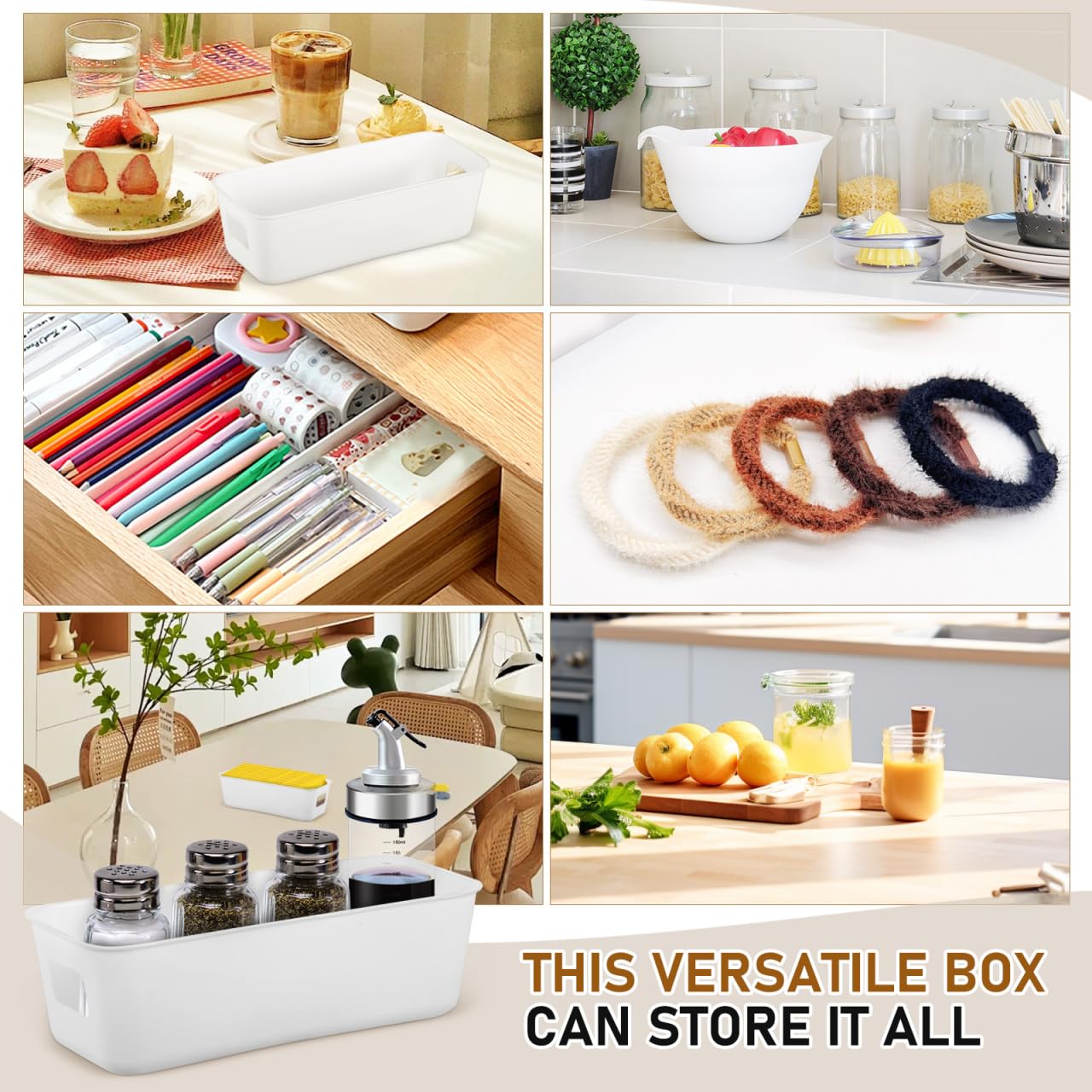 Hanabass 8 Pcs Plastic Storage Bins Thin Rectangle Box for Kitchen Pantry Organisation Bathroom Organiser Storage Boxes for Shelves White