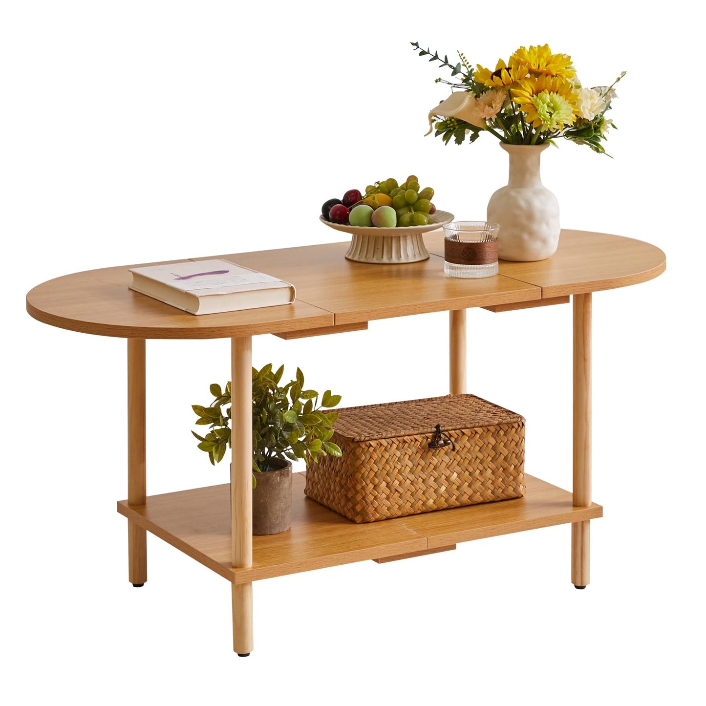Aibiju Wooden Tea Table Splicing Design, 2 Tier Coffee Table for Living Room, 35x16x17inch TV Table Stand with Storage Shelf Natural Wood Color