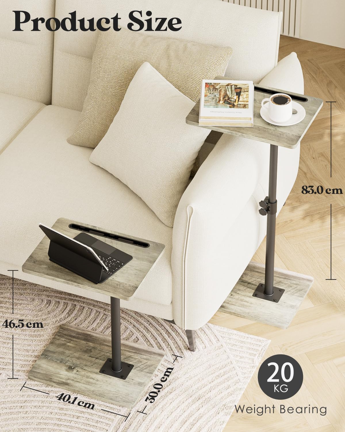 Apetaccat Side Table, C-Shaped Adjustable Sofa Table, 360°Swivel Coffee Tables,40x30x(45-83) cm,Small End Tables Bedside for Living Room