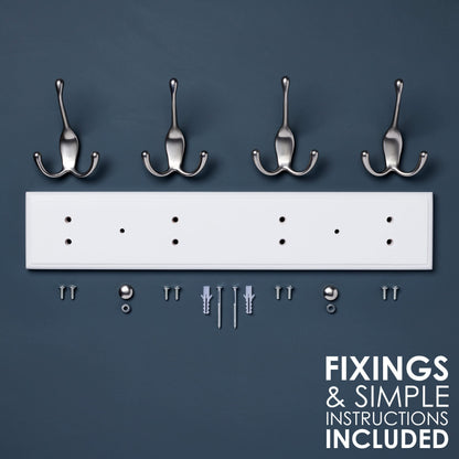 LARHN White Wall-Mounted Coat Rack - 4 Matt-Nickel Coat Hooks, 42cm