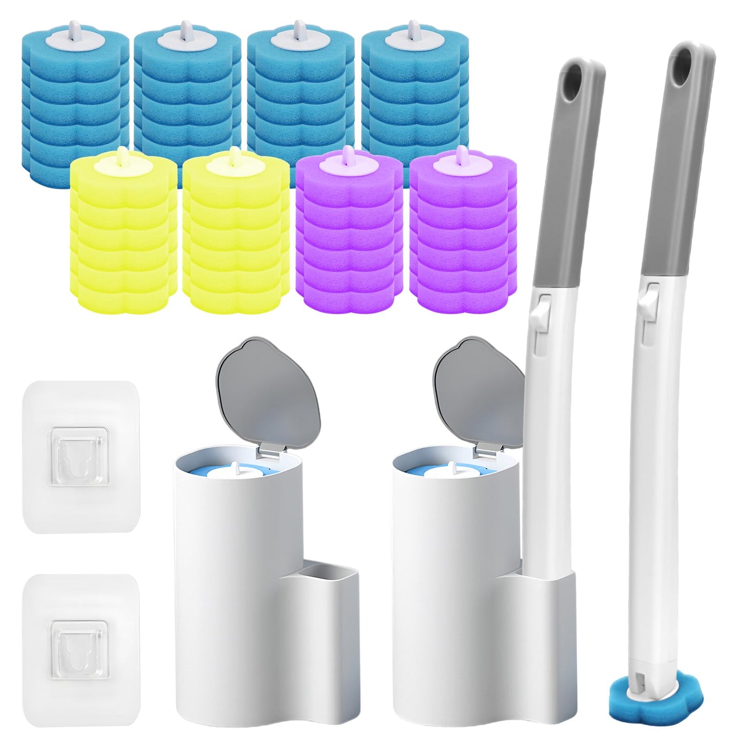 Disposable Toilet Brush 2 Pack Toilet Brush Disposable with 48 Replacement Sponge Brush Heads and Holder, Quickly and Hygiene Clean Toilets