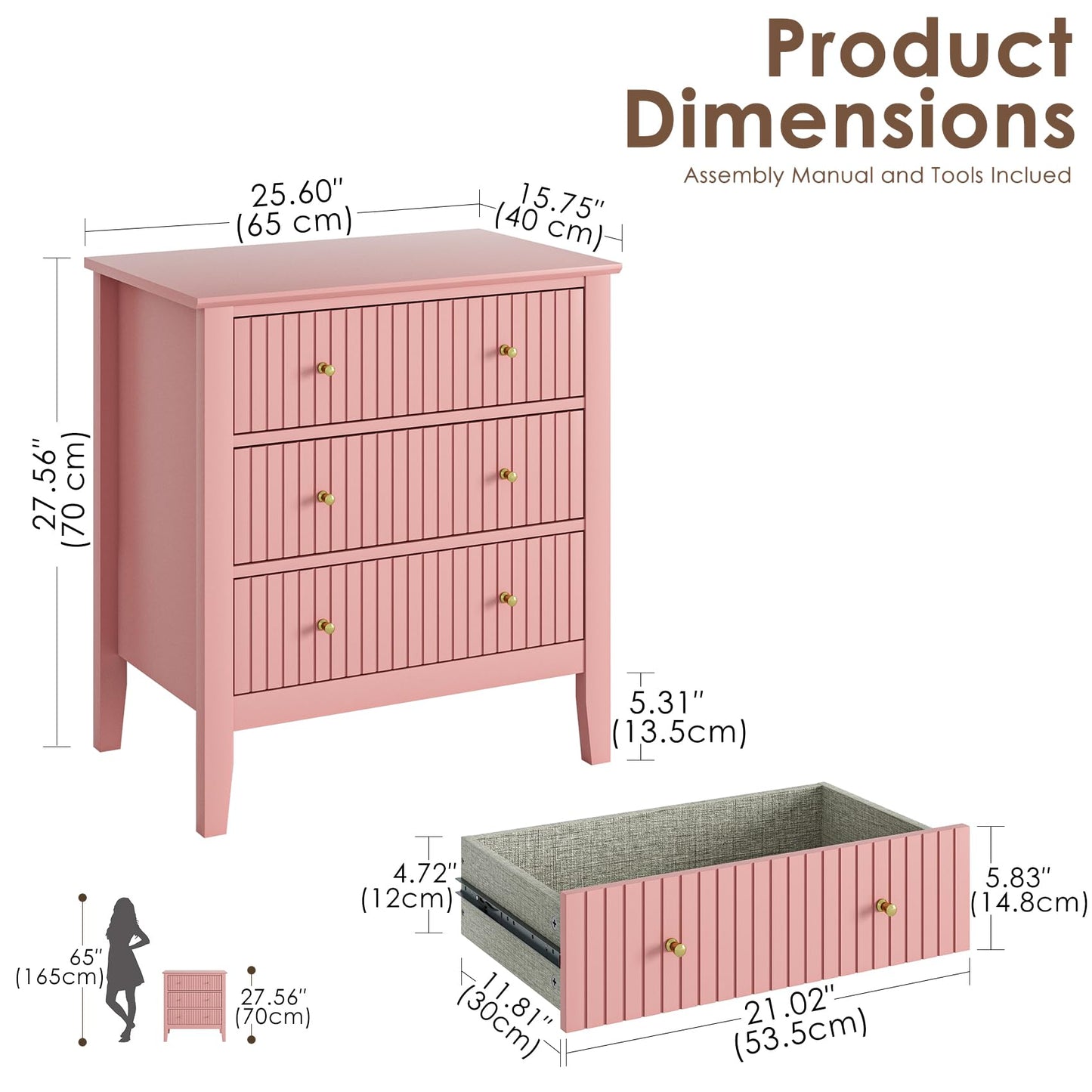 Apetaccat Large Bedside Table Bedroom, 3 Drawer Chest of Drawers, Bedside Cabinet With Metal Handles,for Bedroom Livingroom,Hallway,Pink
