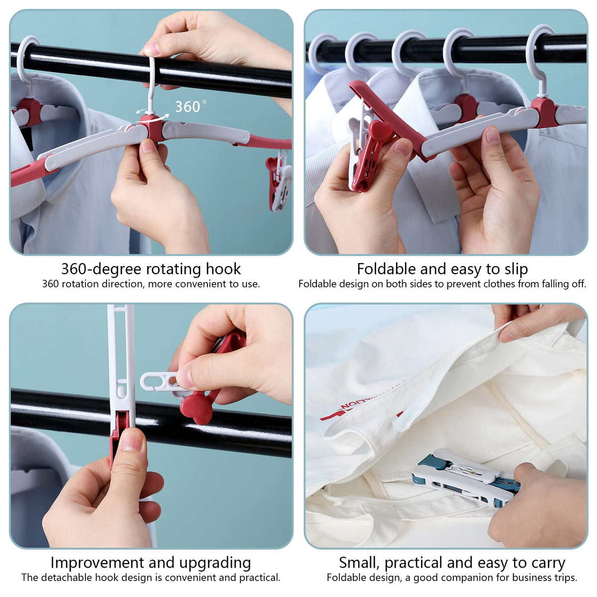 NCOALE Folding Clothes Hanger, 8 PCS Travel Hangers With Clips, 360 Degree Rotating Hook