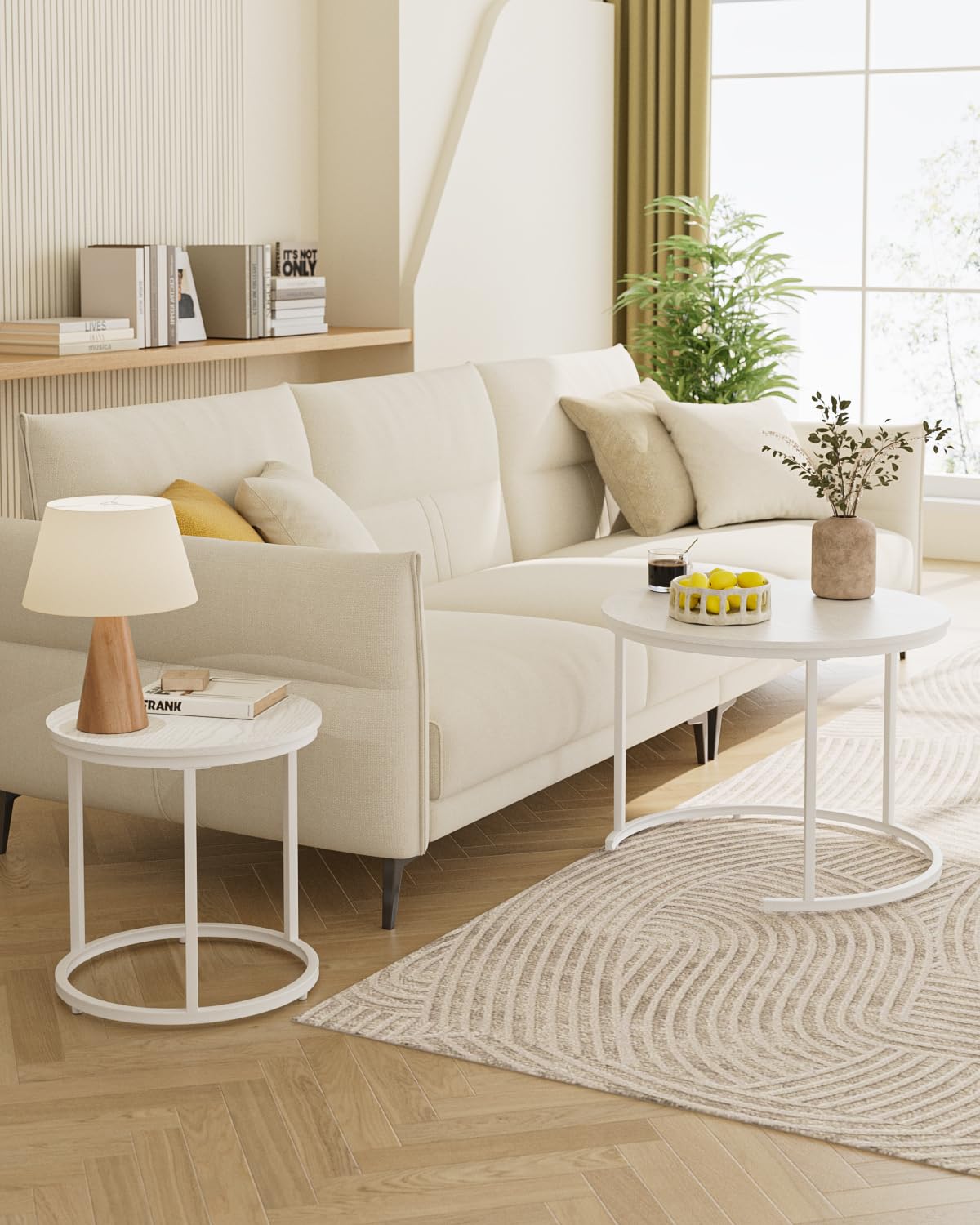 HEYZOEY Round Coffee Tables, Removable Set of 2 End Table, Nesting Tables with White Metal Frame Legs and Wooden white Top for Living Room, Bedroom