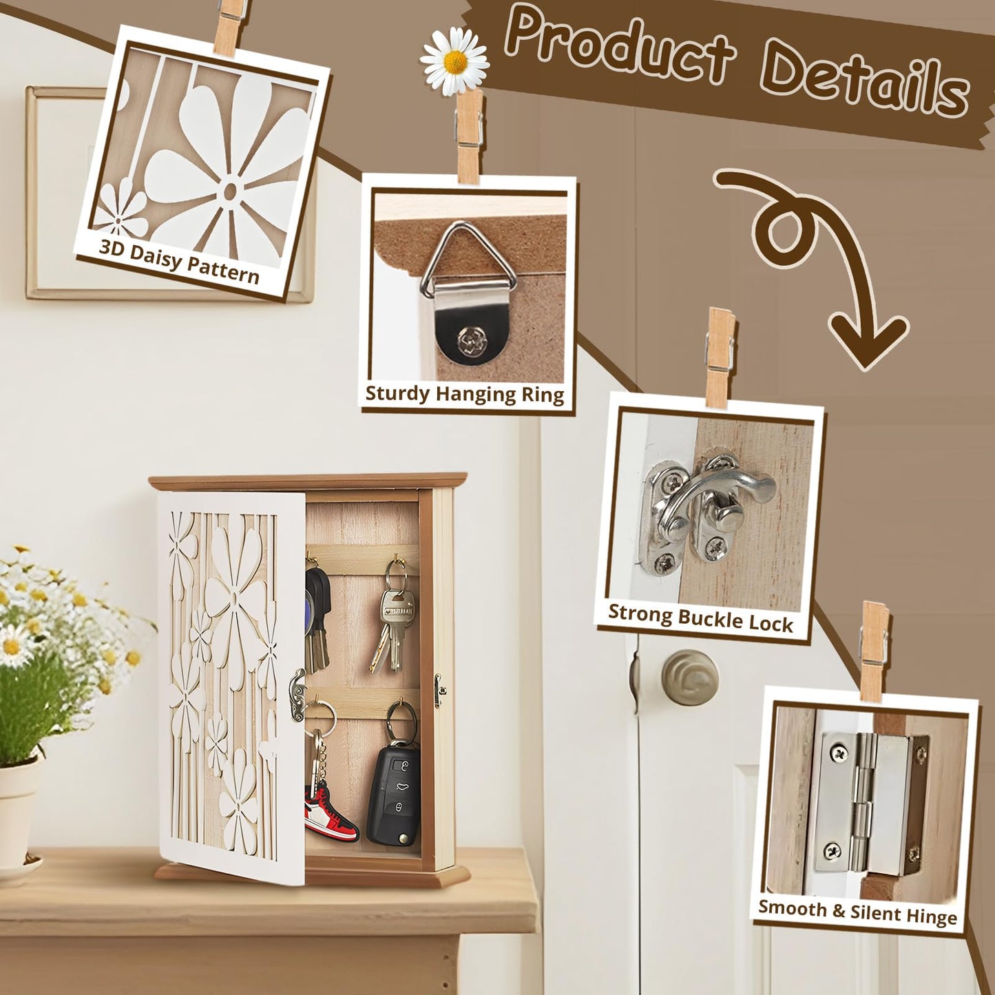 Wooden Key Cabinet, Elegant Daisy Wood Key Cupboard Wall Mounted Vintage Wooden Key Storage Box 26 × 20 × 6cm with 6 Hooks to Store Jewelry & Small