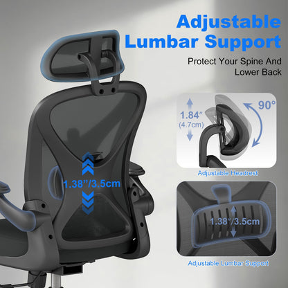 Keratee Ergonomic Office Chair with Adjustable Lumbar Support and Headrest, 136 KG Swivel Desk Chair with Flip-Up Arms