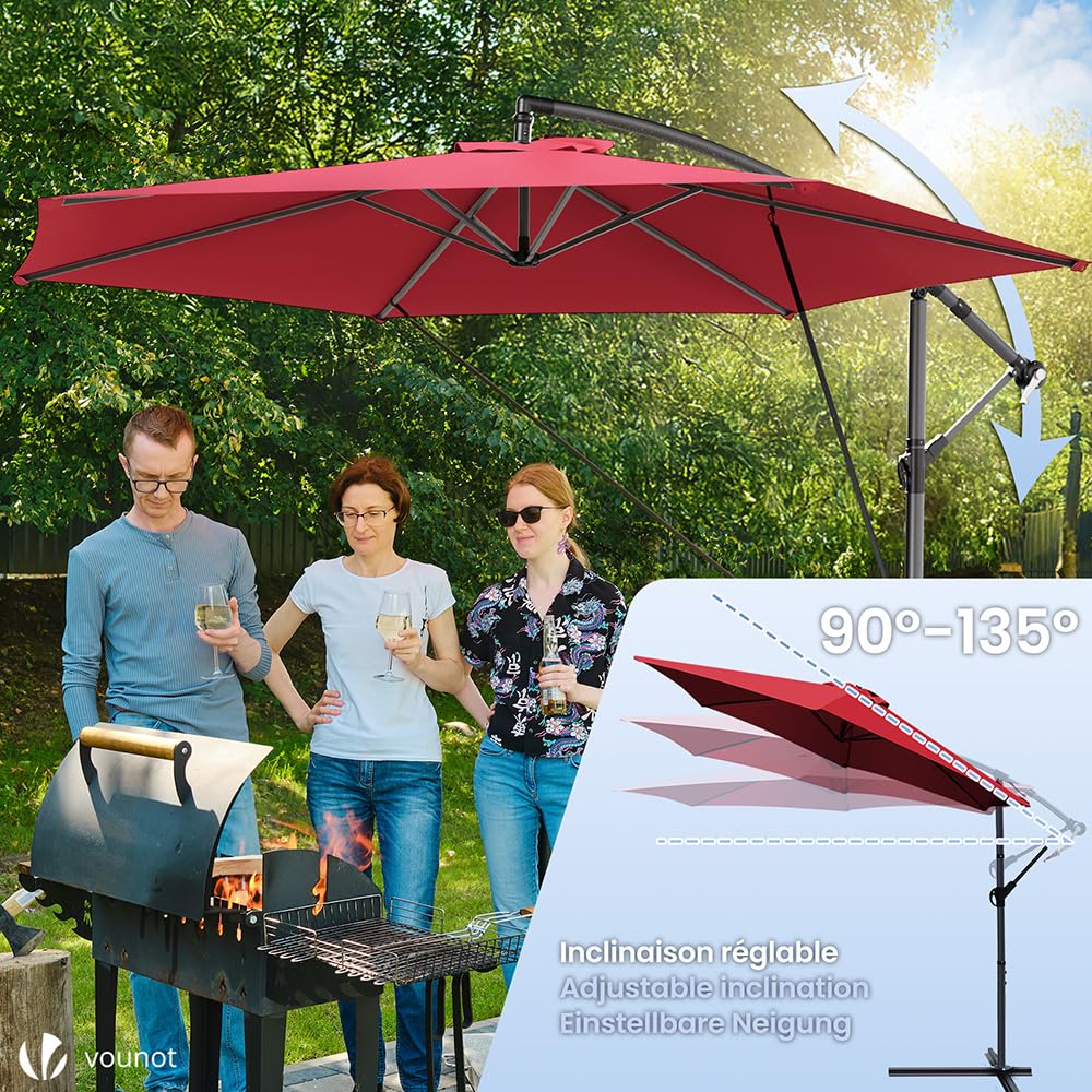 VOUNOT? 3m Cantilever Garden Parasol, Banana Patio Umbrella with Crank Handle, Wind Protection Strap and Tilt for Outdoor Sun Shade, Red