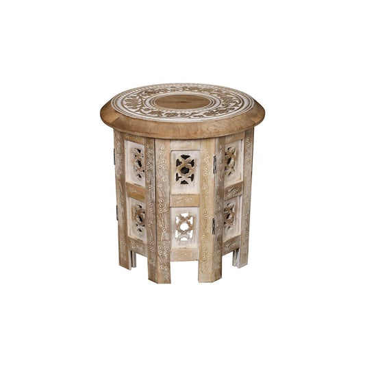 topfurnishing Beautiful Round Hand Carved Indian Shesham Wooden Coffee Table Side Table Beige Small 12"x12"x12" 30.5 cm