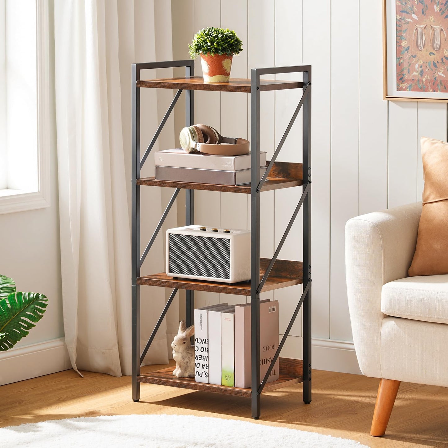 HOOBRO 4-Tier Bookshelf, Industrial Corner Bookcase, Display Rack, Metal Frame, for Living Room, Bedroom, Office, Kitchen, Entryway