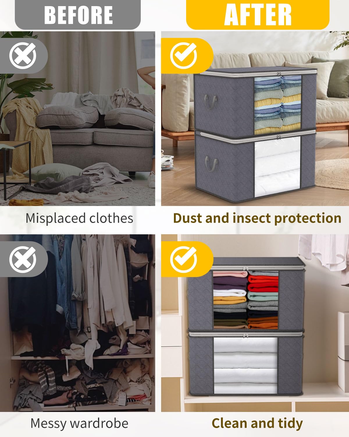 KALAHOL 90L Large Capacity Clothes Storage Boxes with Lids 4 Pack Dark Grey