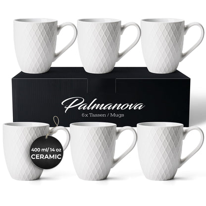 MIAMIO  6 x 400 ml  Coffee Mug Set/Mug - Modern Ceramic Mug Matt - Coffee Mug Large - Palmanova Collection (White)