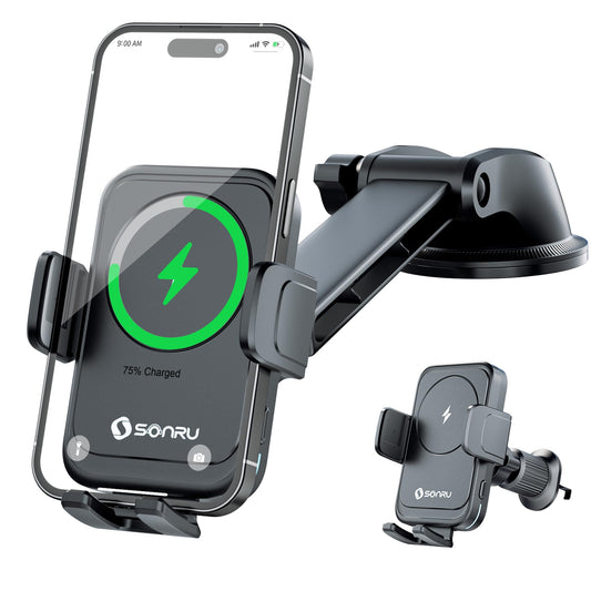 SONRU Car Phone Holder Wireless Charger, Qi 15W Wireless Car Charger Fast Charging Auto Clamping Car Charger Mount Suction Holder Dashboard Air Vent