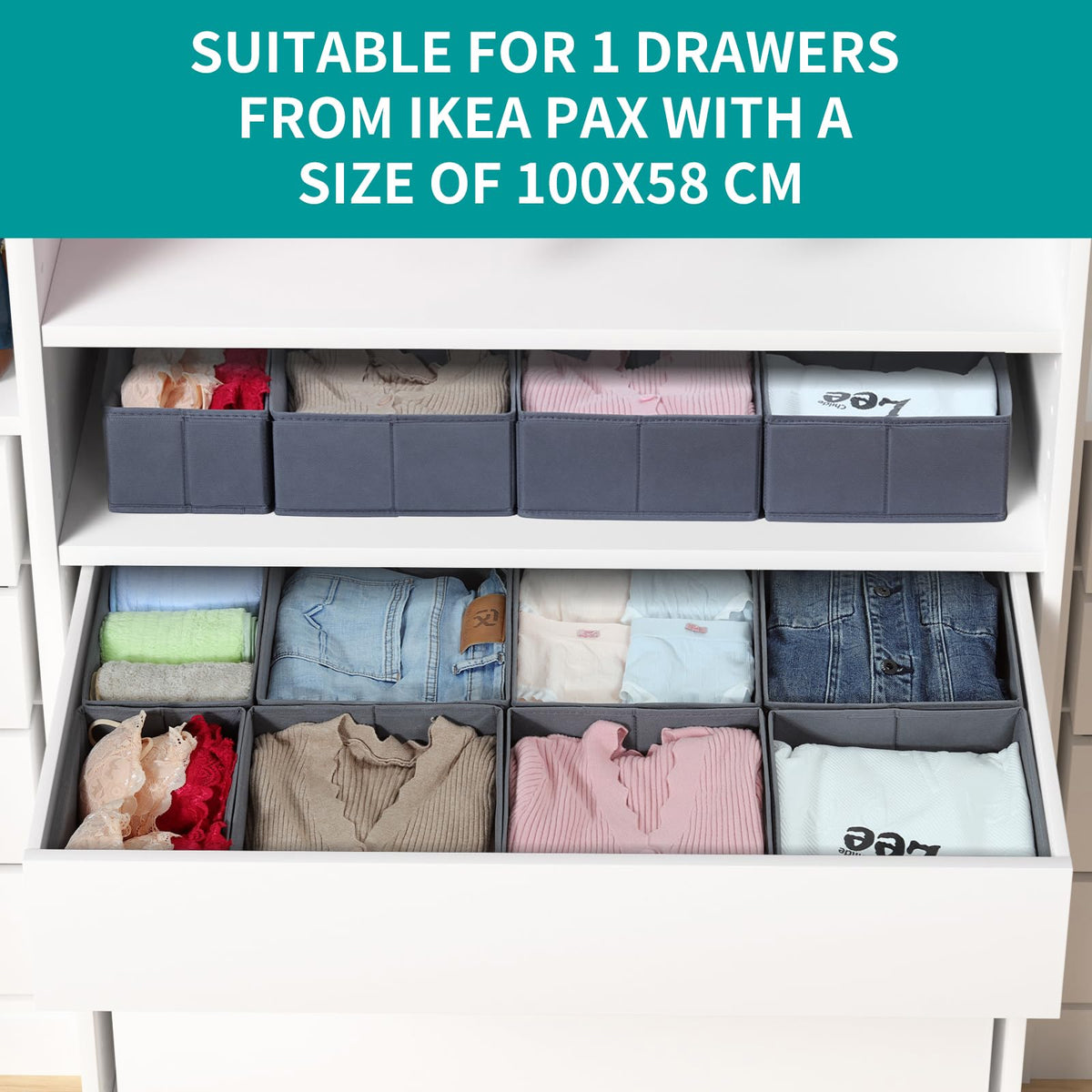 ORLISA Drawer Organiser for PAX 100 Drawers 100x58cm, 8 Pack Closet Organiser Set, Fabric Drawer Dividers & Wardrobe Organisers for Clothes Storage
