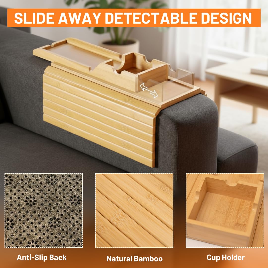 Hazzas Bamboo Couch Armrest Table, Sofa Arm Tray with Detachable Couch Cup Holder - 2 in 1 Anti-Slip Foldable Sofa Armchair Caddy Table