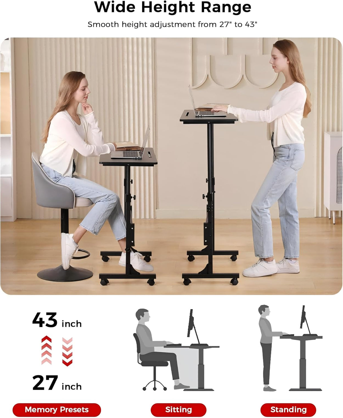 Standing Desk Adjustable Height, Mobile Stand Up Desk with Wheels Small Computer Desks, Home Office Desk, Rolling Desks