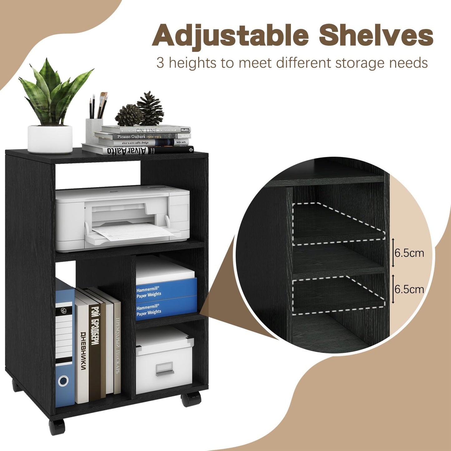 PUNCIA 50x40x75cm Mobile Filing Cabinet with 4 Open Compartments Black