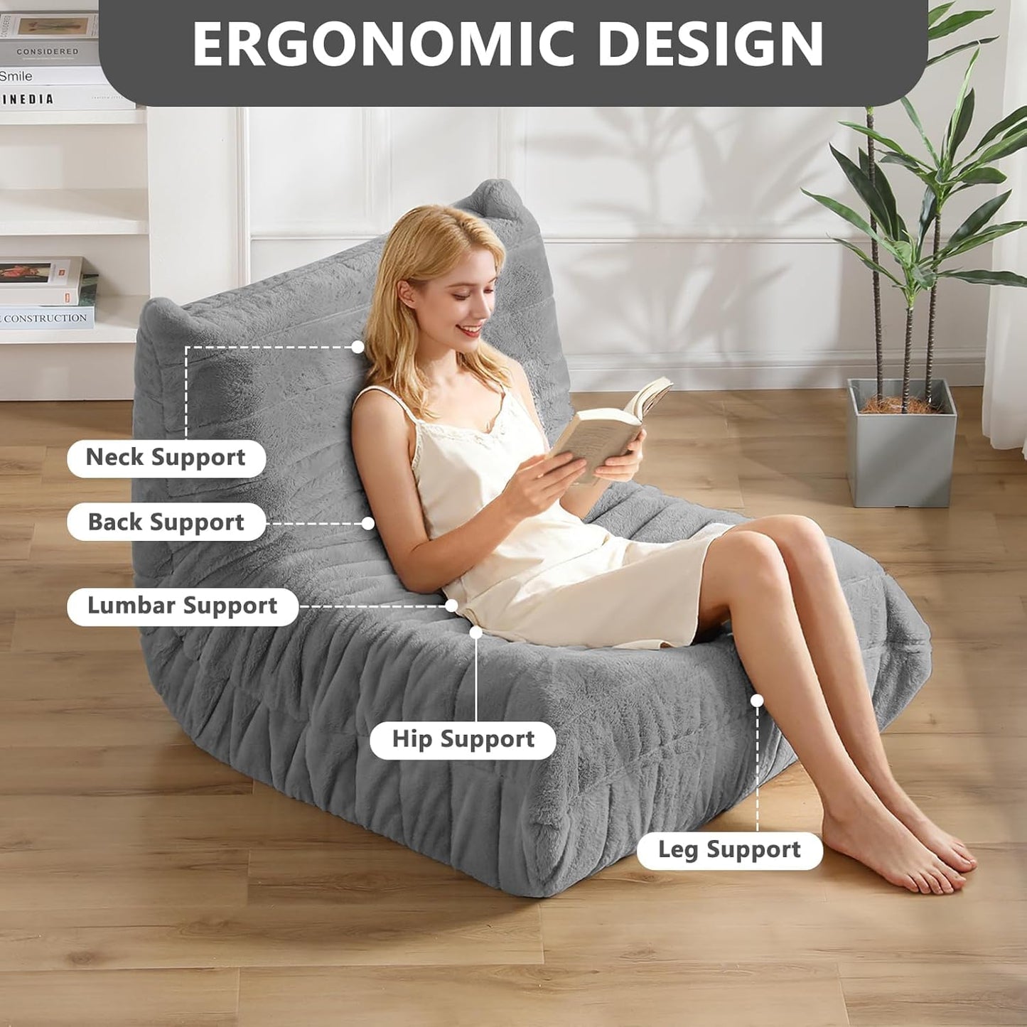 Bean Bag Chair w/ Filling, Comfy Lounge Chair, Floor Sofa Adults (Grey)