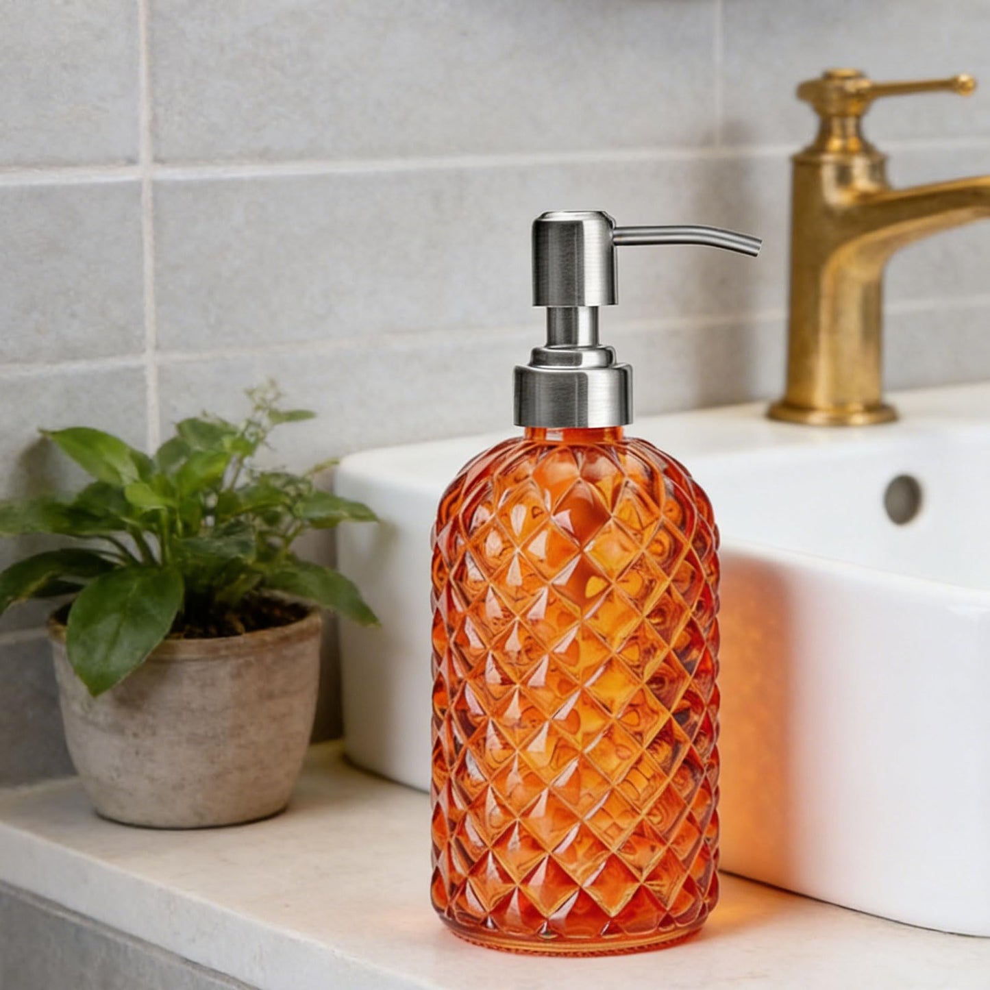 Glass Soap Dispenser Orange - 350ml/ 16 Oz Hand Soap Dispenser with Rustproof Stainless Steel Pump Liquid Hand Jar Refillable Glass Bottle for