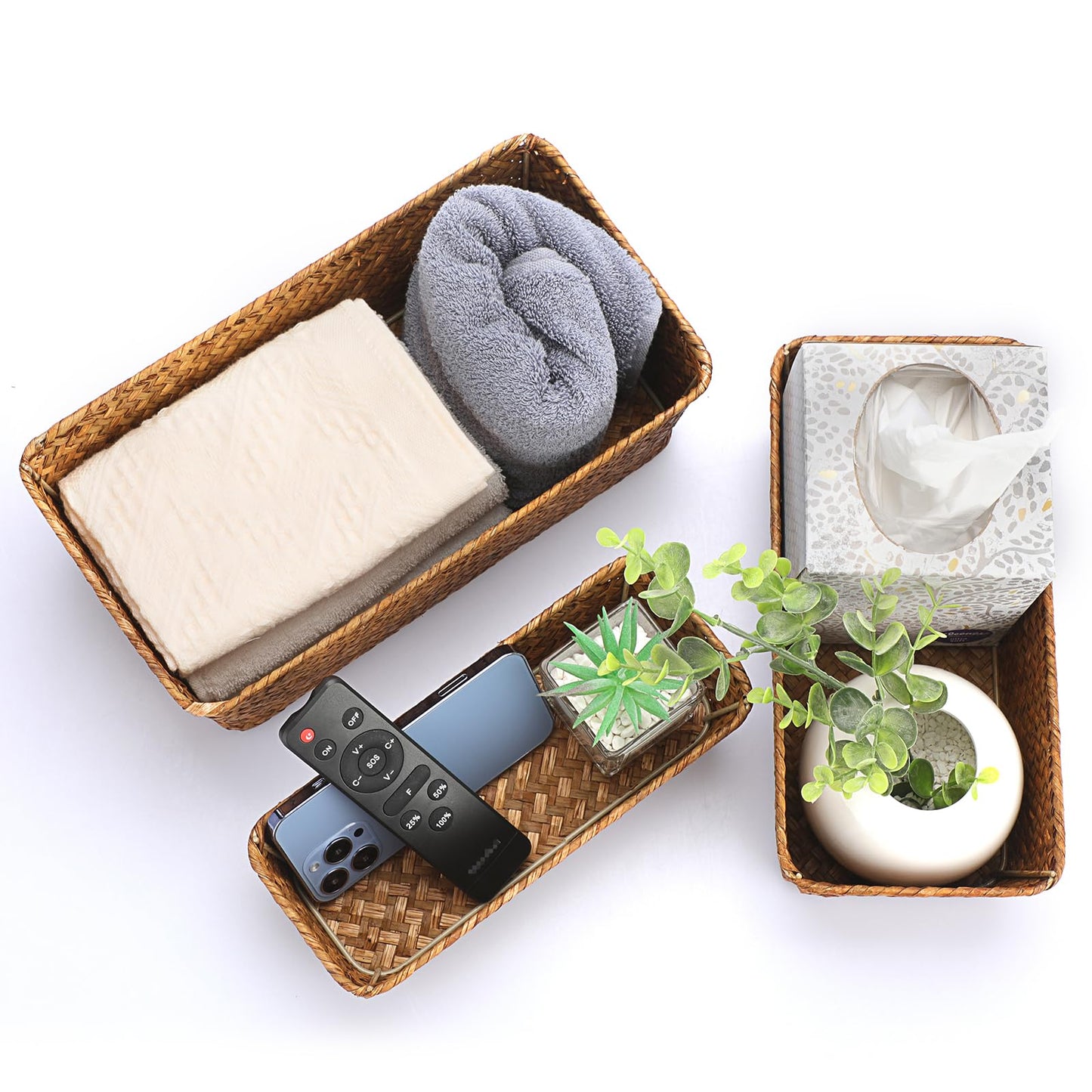 SUMTree Set of 3 Seagrass Storage Baskets Natural wicker Baskets (Caramel)