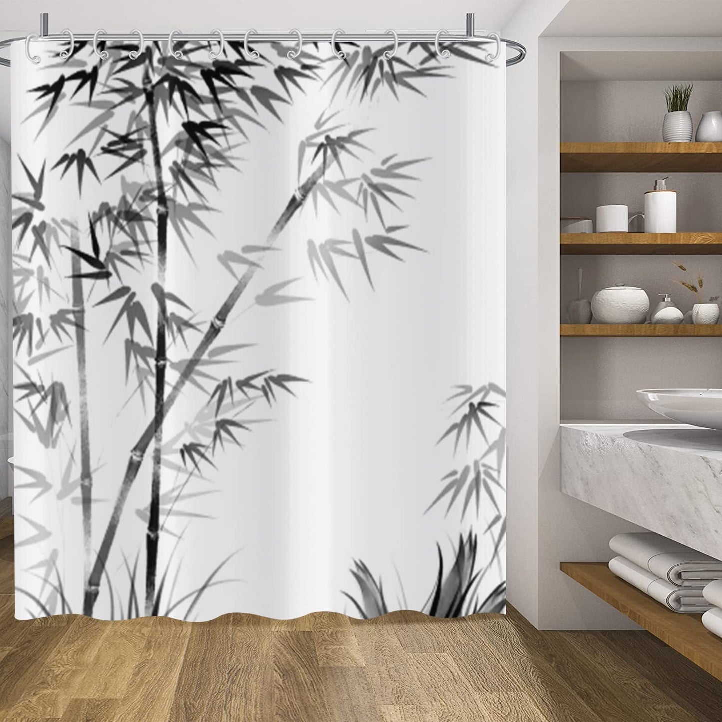 ASDCXZ Shower Curtain Bamboo 180x200 cm, Elegant Simple Black Bamboo Leaves Washable Bath Shower Curtains Polyester Textile Waterproof Outdoor Shower