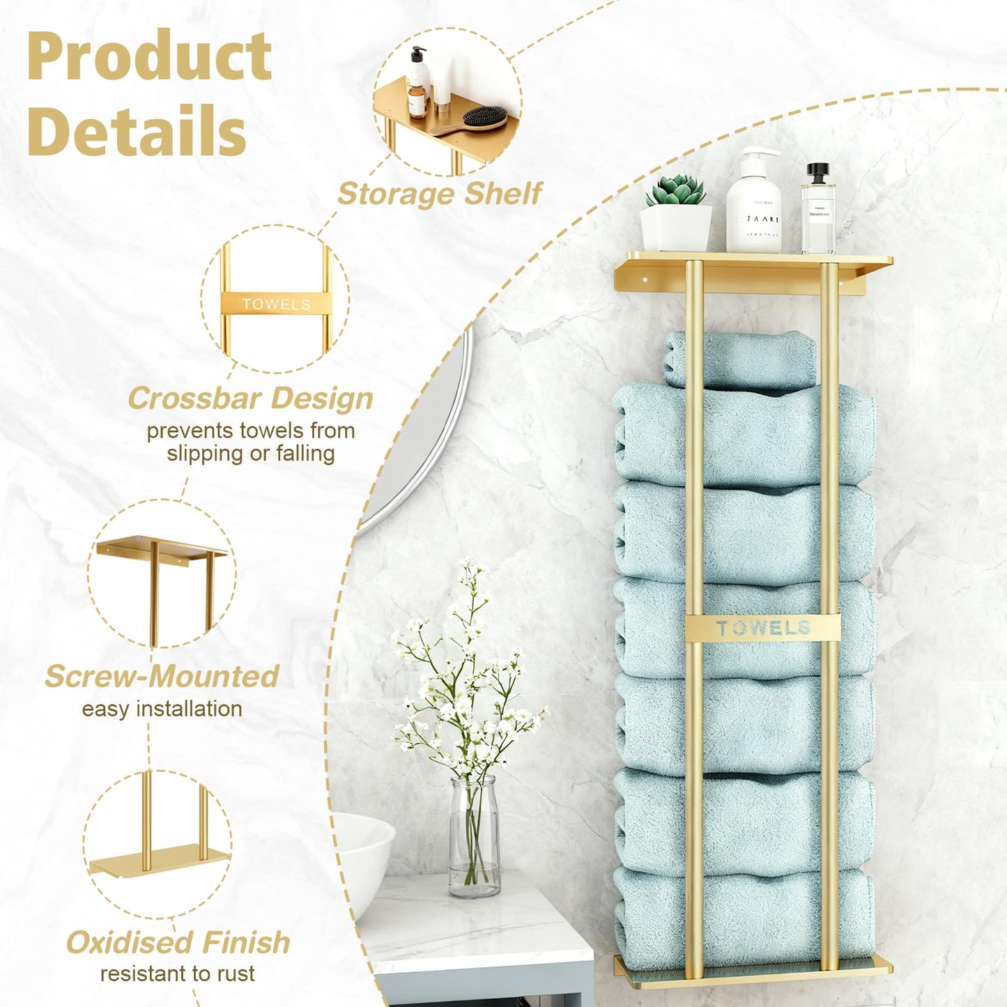 Gold Towel Rack Wall Mounted Large Bathroom Towel Holder with Shelf
