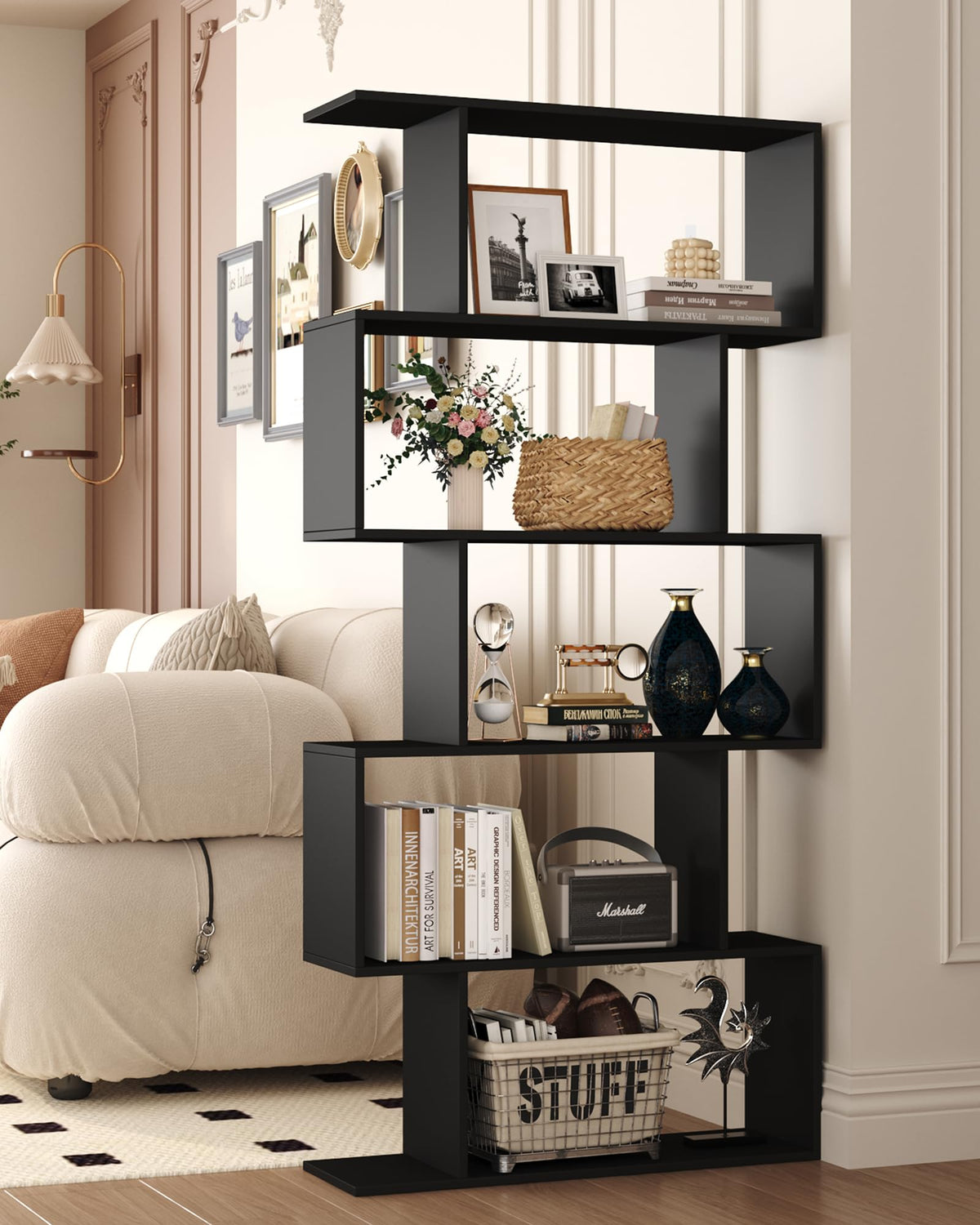 Yusong Bookshelf 5-Tier, Geometric Bookcase S Shaped Book Shelves for Bedroom, Modern Wood Decorative Display Shelf Book Case for Home Office
