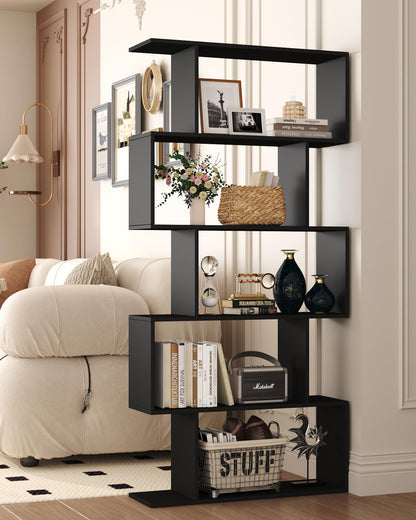 Yusong Bookshelf 5-Tier, Geometric Bookcase S Shaped Book Shelves for Bedroom, Modern Wood Decorative Display Shelf Book Case for Home Office