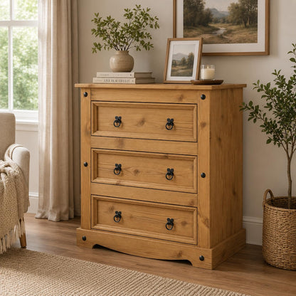 Corona Chest of Drawers 3 Drawer Mexican Solid Pine Wood Natural Wax Finish Black Metal Hardware
