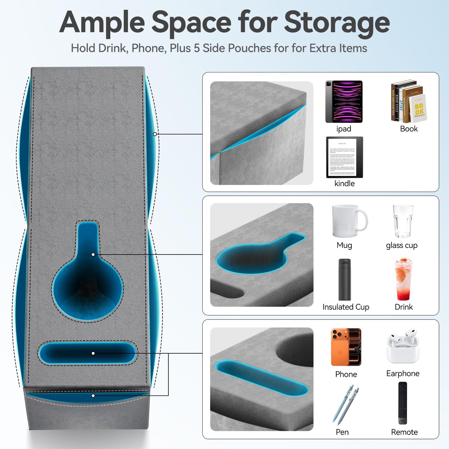 Heyife Couch Armrest Caddy with Cup Holder, Portable Sofa Armrest Pillow Drink Holder Table Tray with 5 Large Side Storage Pockets