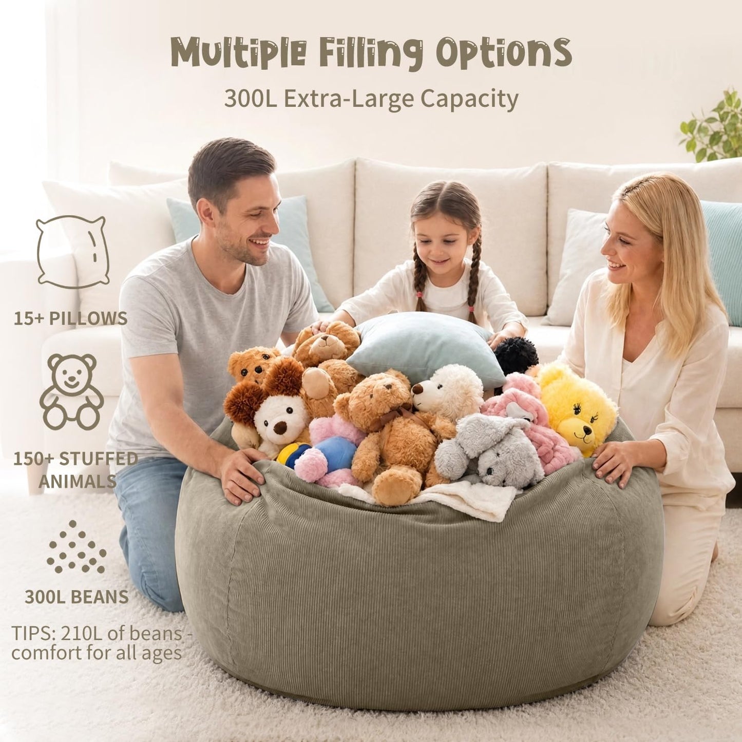 Nobildonna 3 ft Bean Bag Chair Cover (No Filler) for Adults and Kids 300L Extra Large Stuffed Animal Storage Bean Bag Washable Soft Premium Corduroy