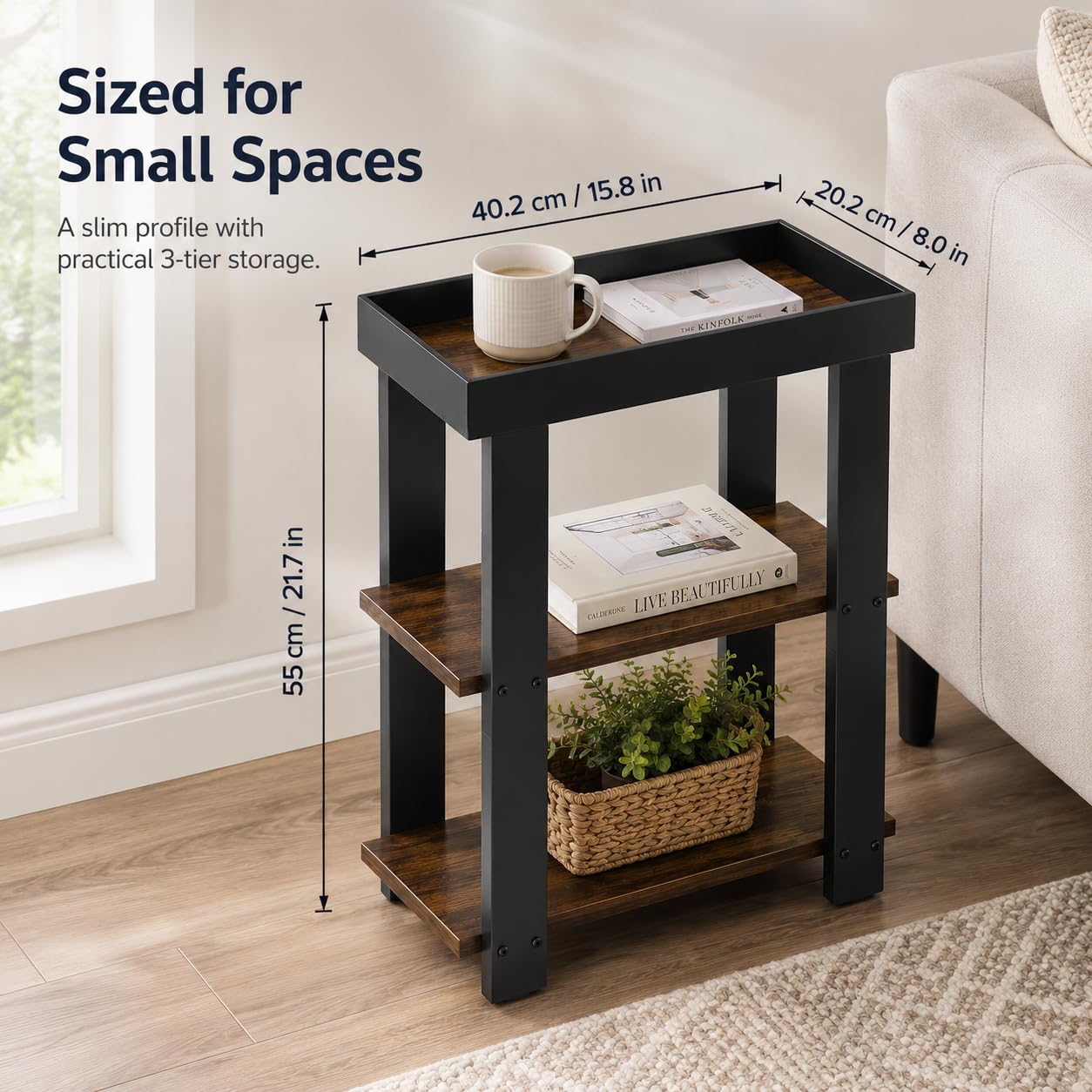 ZEXVIDA 3-Tier Narrow Side Table with Tray Top,Slim Side Table,Rustic Brown