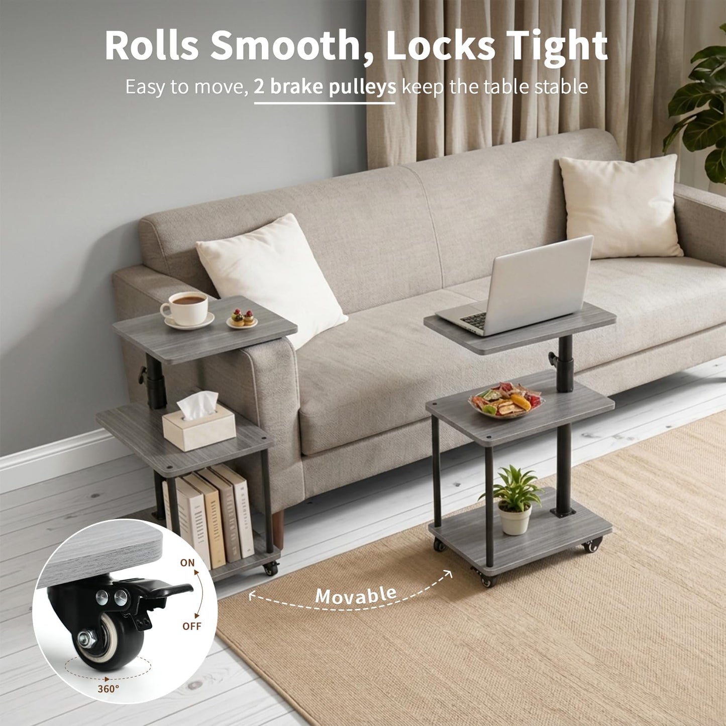 Bingyouth Side Table with Wheels, Height Adjustable Sofa Table with 360° Swivel Top, 3 Tier Bedside Table for Living Room, Bedroom and Small Spaces